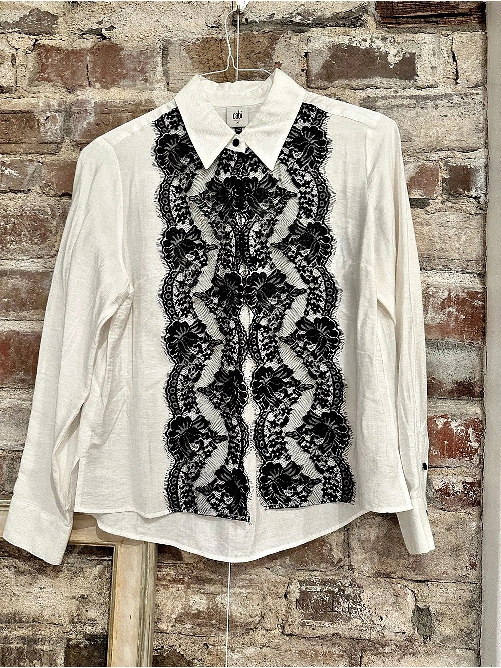 Cabi Lace Top Floral Blouse White & Black Size Medium